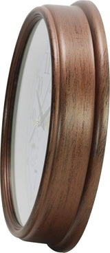 Kiera Grace Metz 9" Outdoor Wall Clock with Tempreture and Humid Gauges, Wood Grain Retro Walnut Red, Arabic Numerals Clock, Easy-to-Read, Battery Operated, Perfect for Home or Office Décor