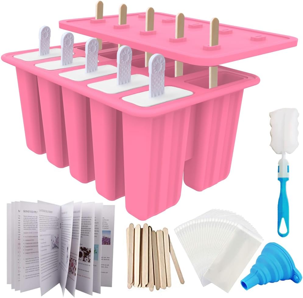 Moonval Silicone Popsicle Molds, 10-Cavity Ice Pop Maker Set with Sticks, Bags & Accessories