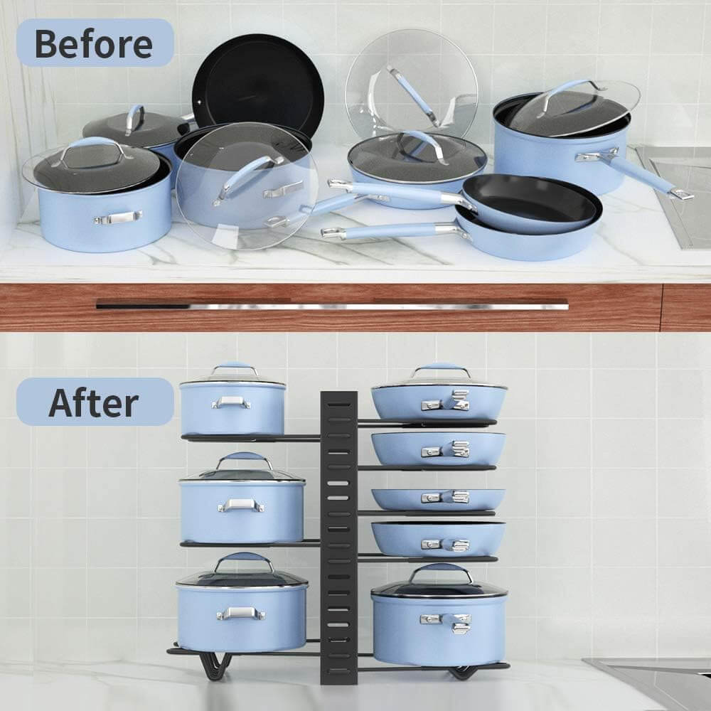 Moonval Adjustable Pot & Pan Organizer Rack, 2-in-1 Kitchen Cookware Storage Stand