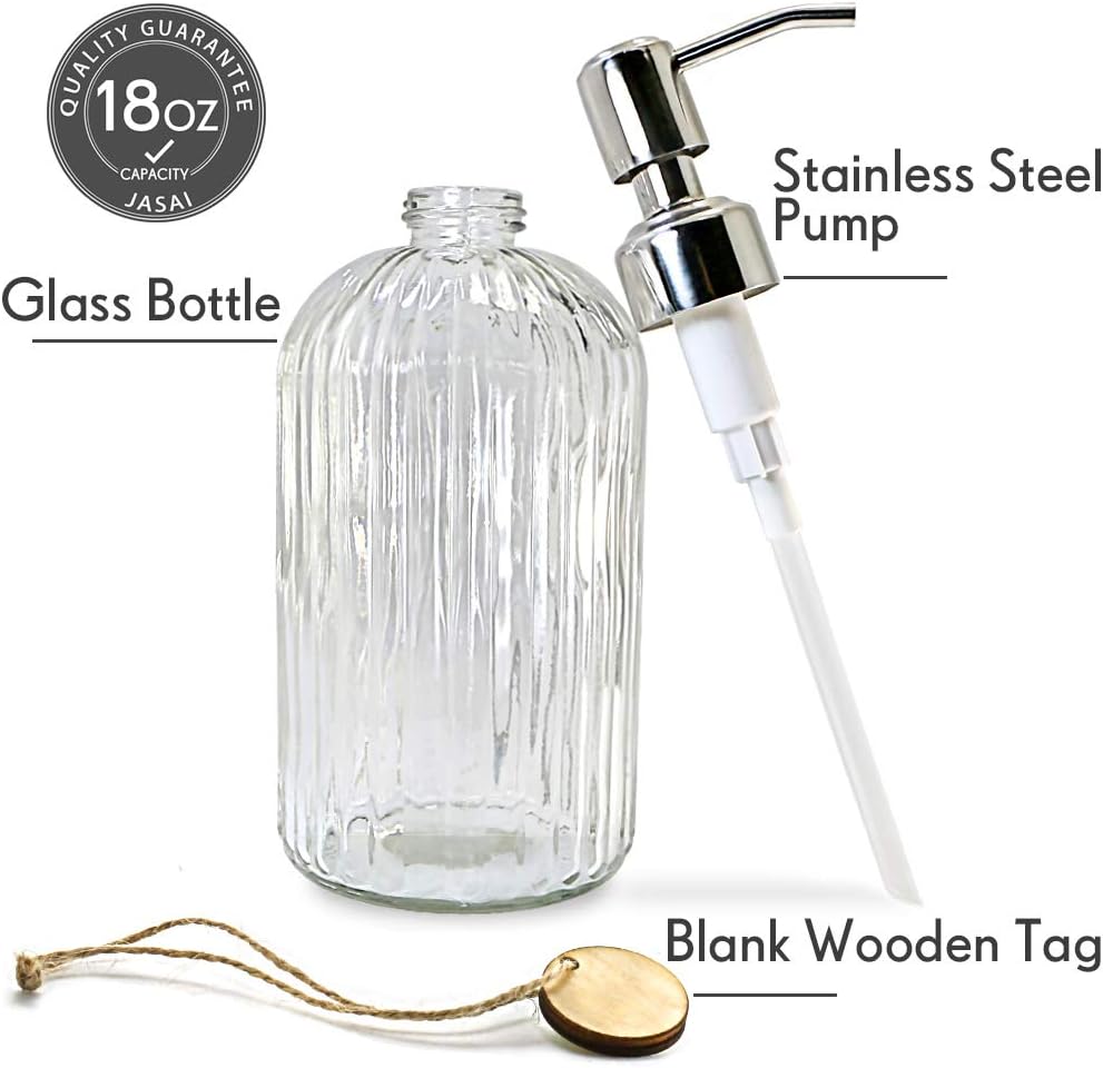 Moonval Glass Soap Dispenser, 18 oz Refillable Bottle with Rustproof Stainless Steel Pump