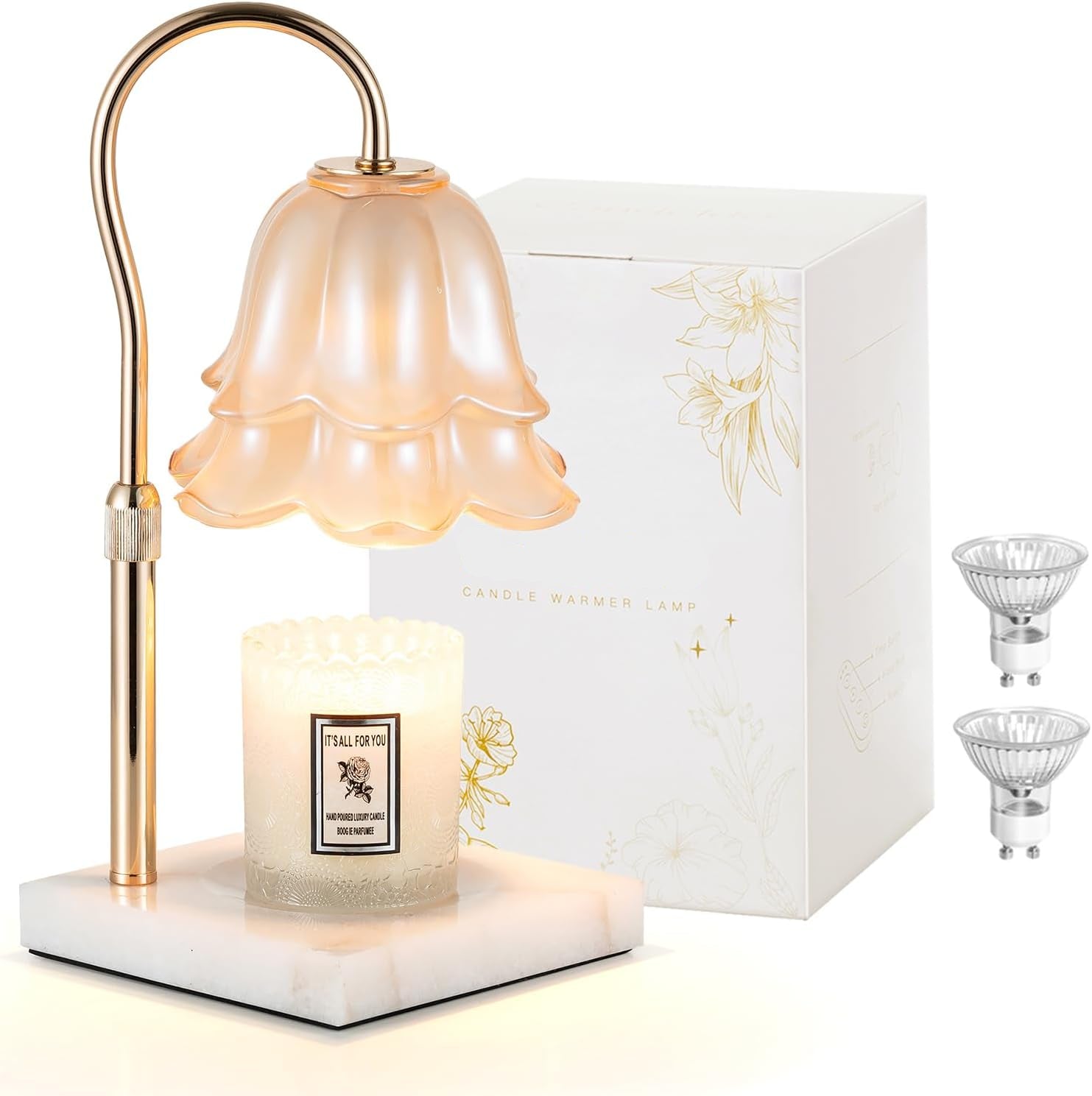 Moonval Candle Warmer Lamp, Height-Adjustable Dimmable Wax Warmer with Timer for Jar Candles, Gold