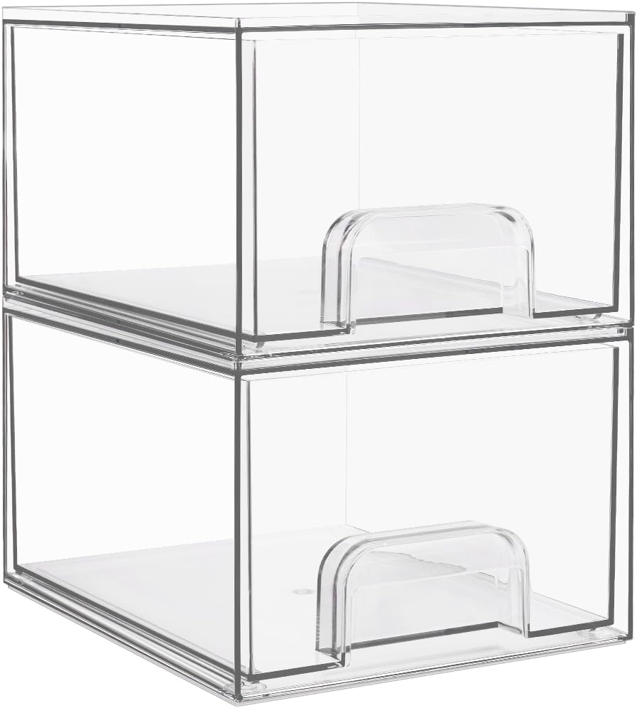 Moonval Clear Storage Drawers, 4-Pack Stackable Acrylic Organizer Bins for Bathroom, Kitchen & Pantry