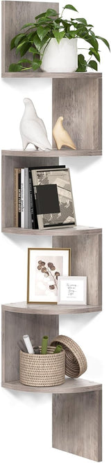 Moonval Corner Wall Shelf, 5-Tier Floating Corner Bookshelf for Home Storage & Display, Rustic Brown