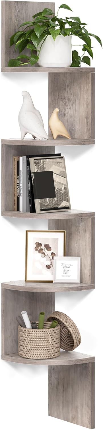 Moonval Corner Wall Shelf, 5-Tier Floating Corner Bookshelf for Home Storage & Display, Rustic Brown