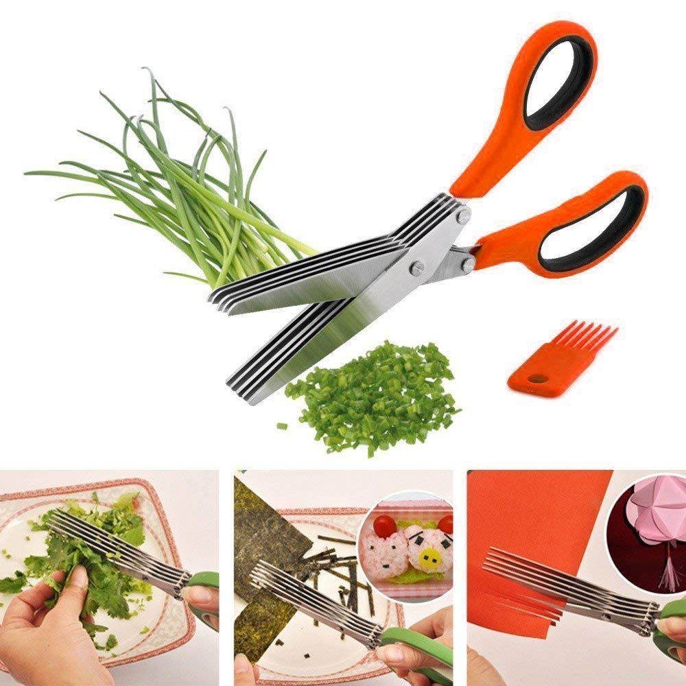 Moonval 5-Blade Stainless Steel Herb Scissors with Cleaning Comb for Fast Kitchen Prep