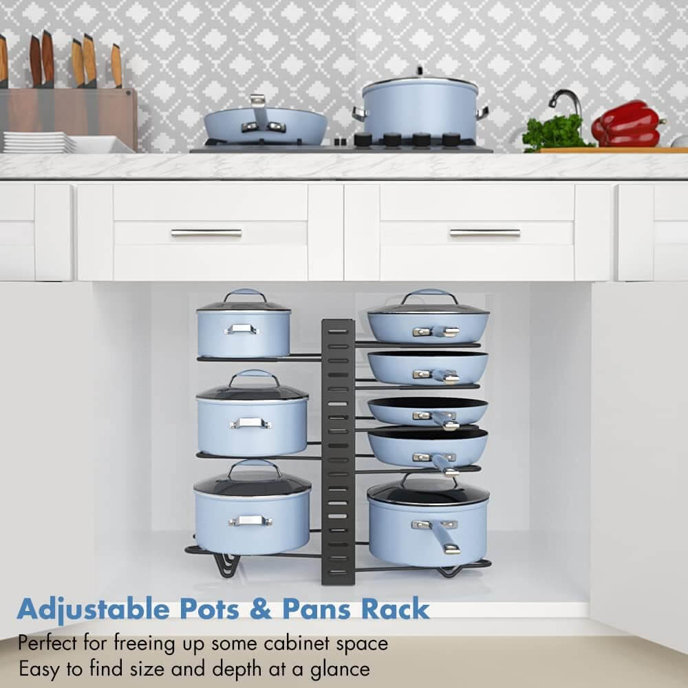 Moonval Adjustable Pot & Pan Organizer Rack, 2-in-1 Kitchen Cookware Storage Stand
