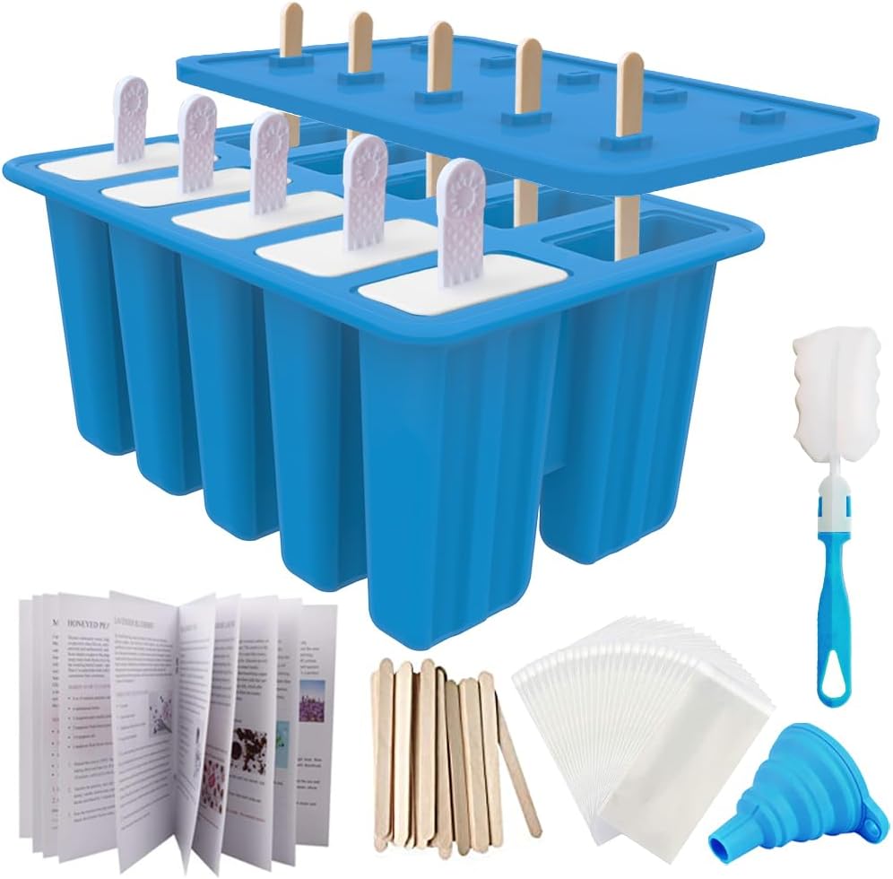 Moonval Silicone Popsicle Molds, 10-Cavity Ice Pop Maker Set with Sticks, Bags & Accessories