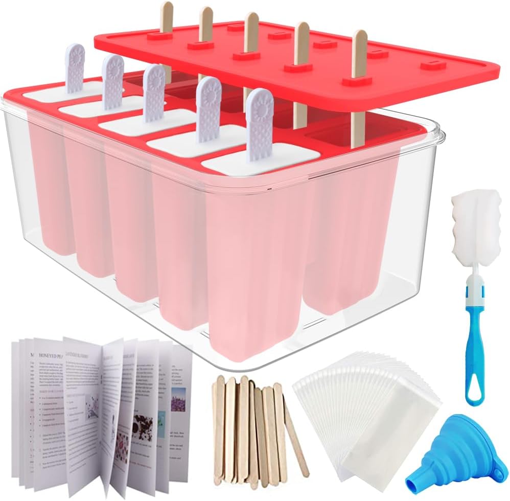 Moonval Silicone Popsicle Molds, 10-Cavity Ice Pop Maker Set with Sticks, Bags & Accessories