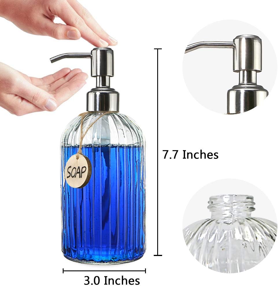 Moonval Glass Soap Dispenser, 18 oz Refillable Bottle with Rustproof Stainless Steel Pump