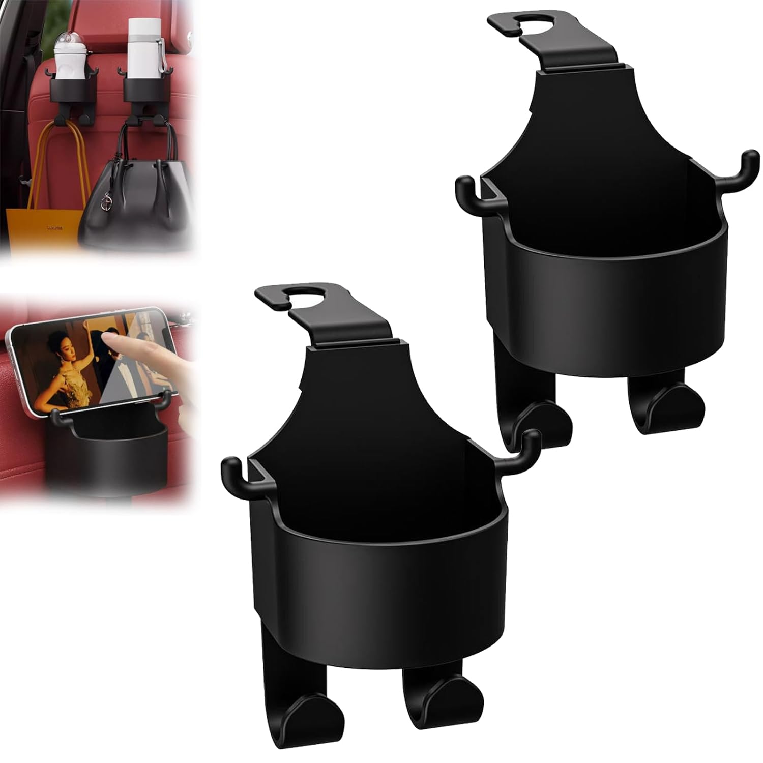 Moonval Car Seat Cup Holder & Phone Mount, Headrest Organizer with Bag Hooks