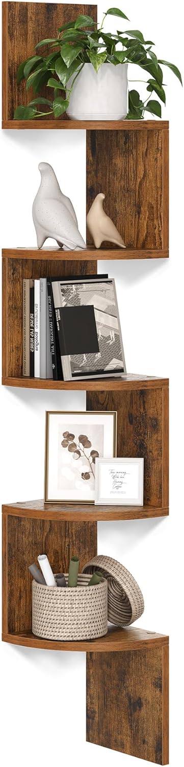 Moonval Corner Wall Shelf, 5-Tier Floating Corner Bookshelf for Home Storage & Display, Rustic Brown