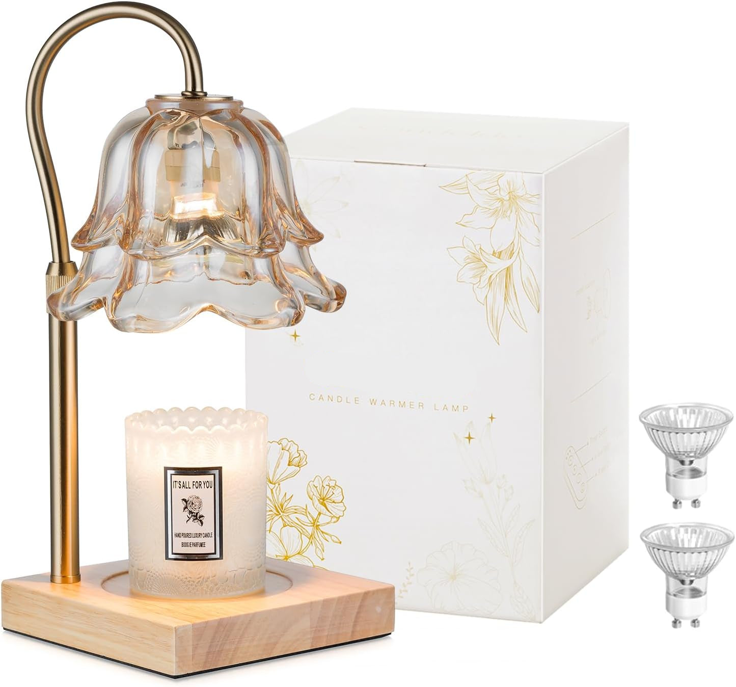 Moonval Candle Warmer Lamp, Height-Adjustable Dimmable Wax Warmer with Timer for Jar Candles, Gold