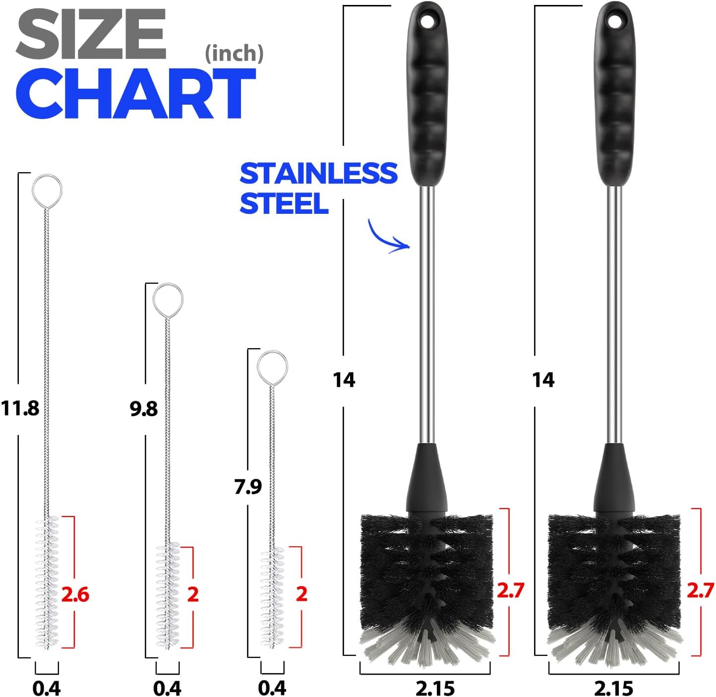 Moonval Bottle Brush Cleaner Set, 5-Piece Cleaning Brushes with Stainless Steel Handle for Bottles & Straws