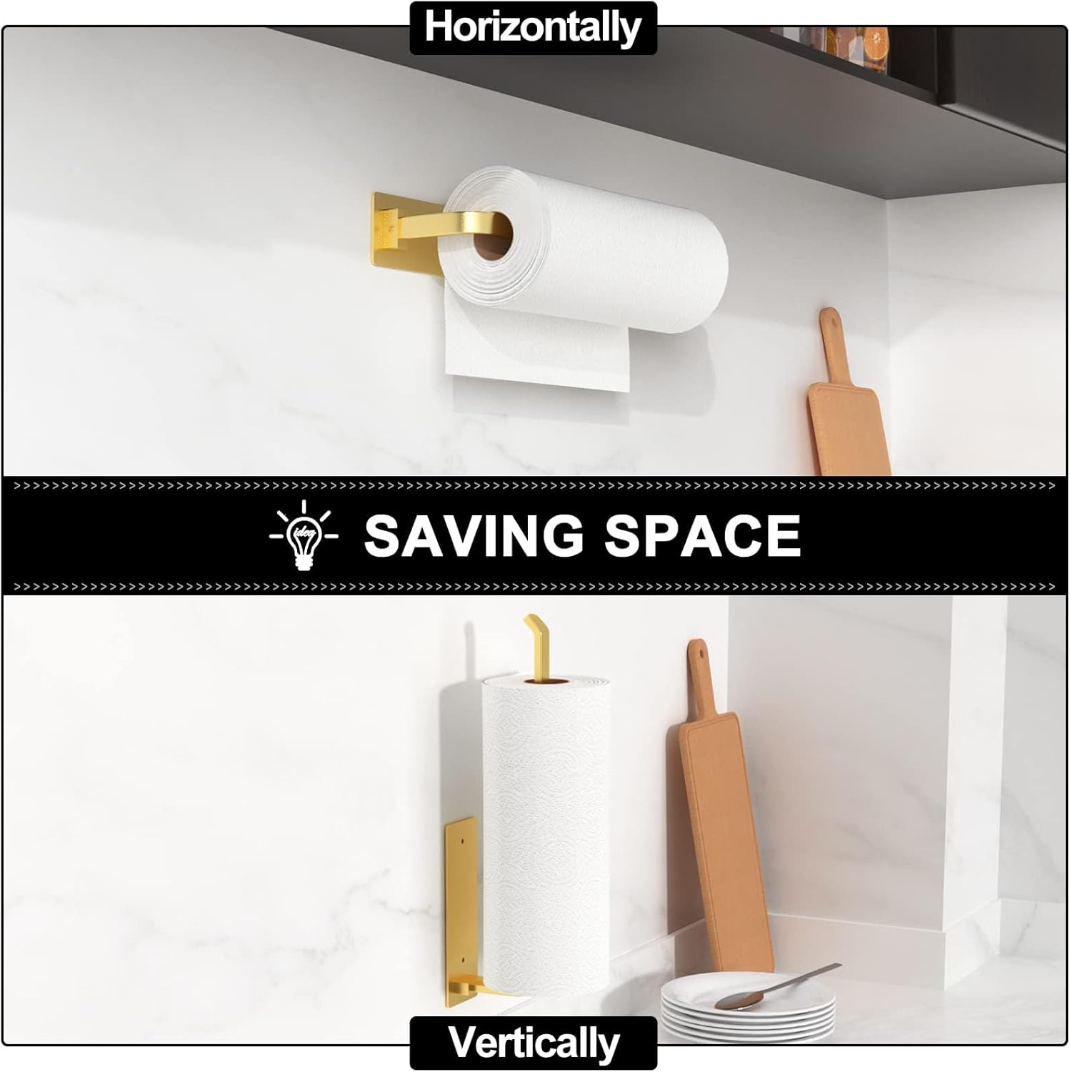 Moonval Paper Towel Holder, Under Cabinet Aluminum Kitchen Roll Holder with Self-Adhesive or Drill Mount, Gold