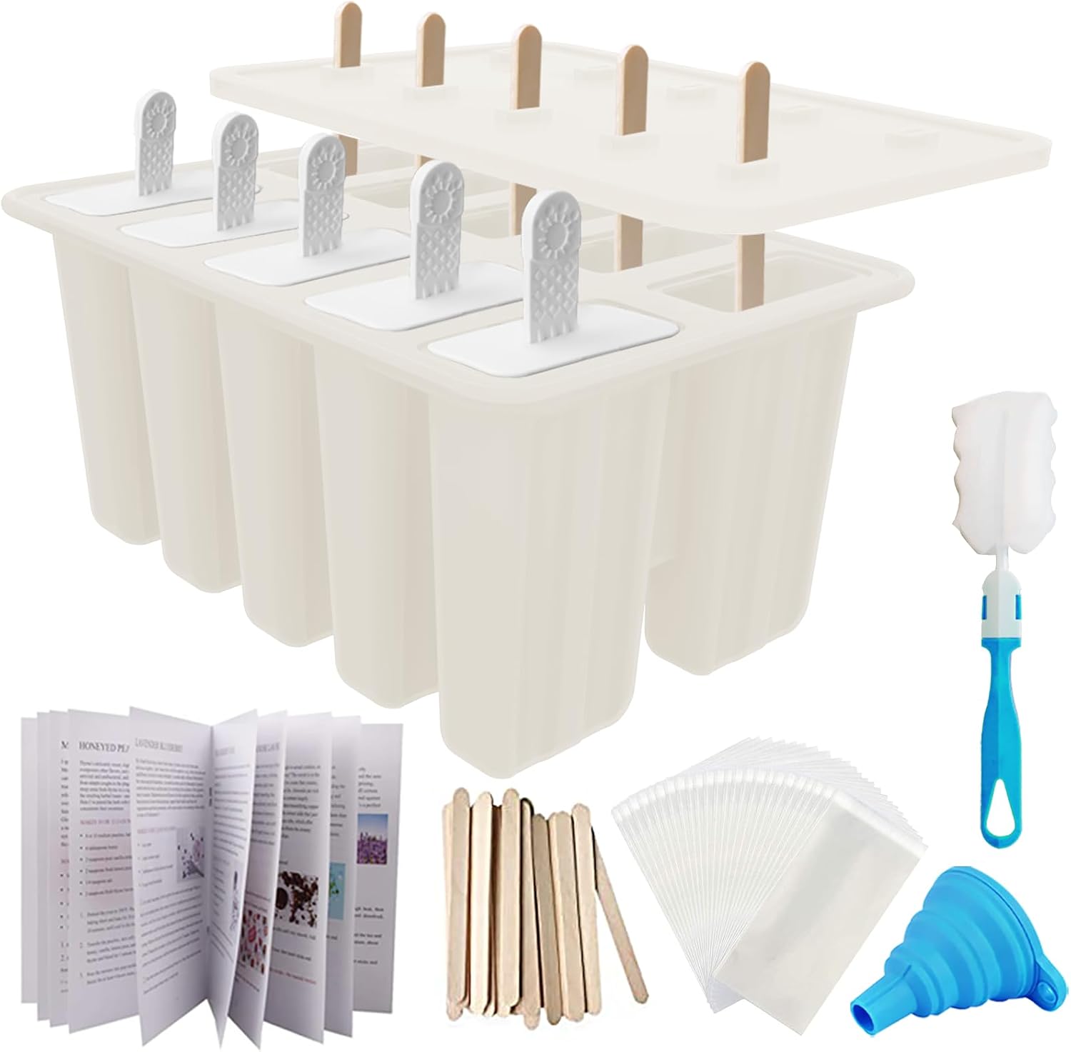 Moonval Silicone Popsicle Molds, 10-Cavity Ice Pop Maker Set with Sticks, Bags & Accessories