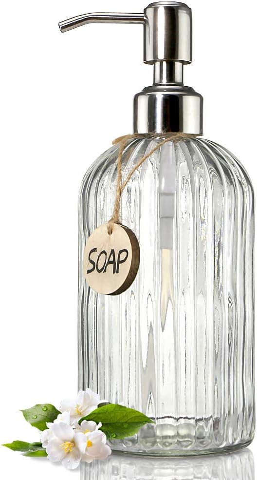 Moonval Glass Soap Dispenser, 18 oz Refillable Bottle with Rustproof Stainless Steel Pump
