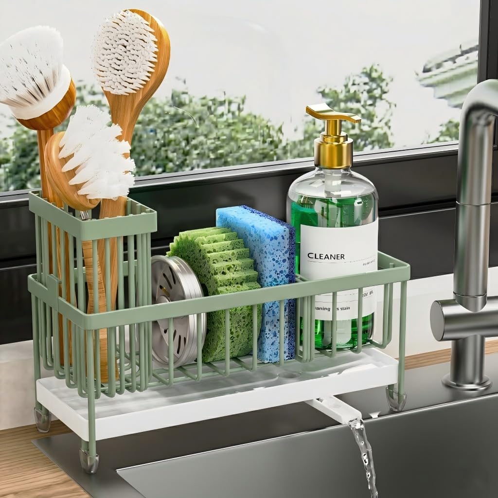 Moonval Kitchen Sink Caddy, 304 Stainless Steel Sponge Holder with Removable Brush Rack