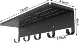 Moonval Wall Shelf with Hooks, 17-Inch Floating Shelf with 5 Metal Hooks for Entryway & Bedroom