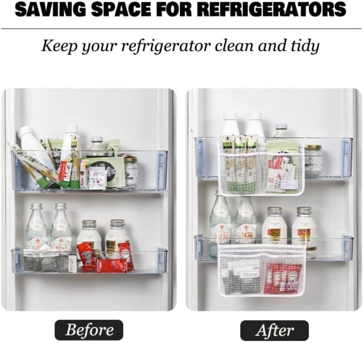 Moonval Hanging Mesh Organizer, Multi-Pocket Refrigerator Storage Bag with Hooks