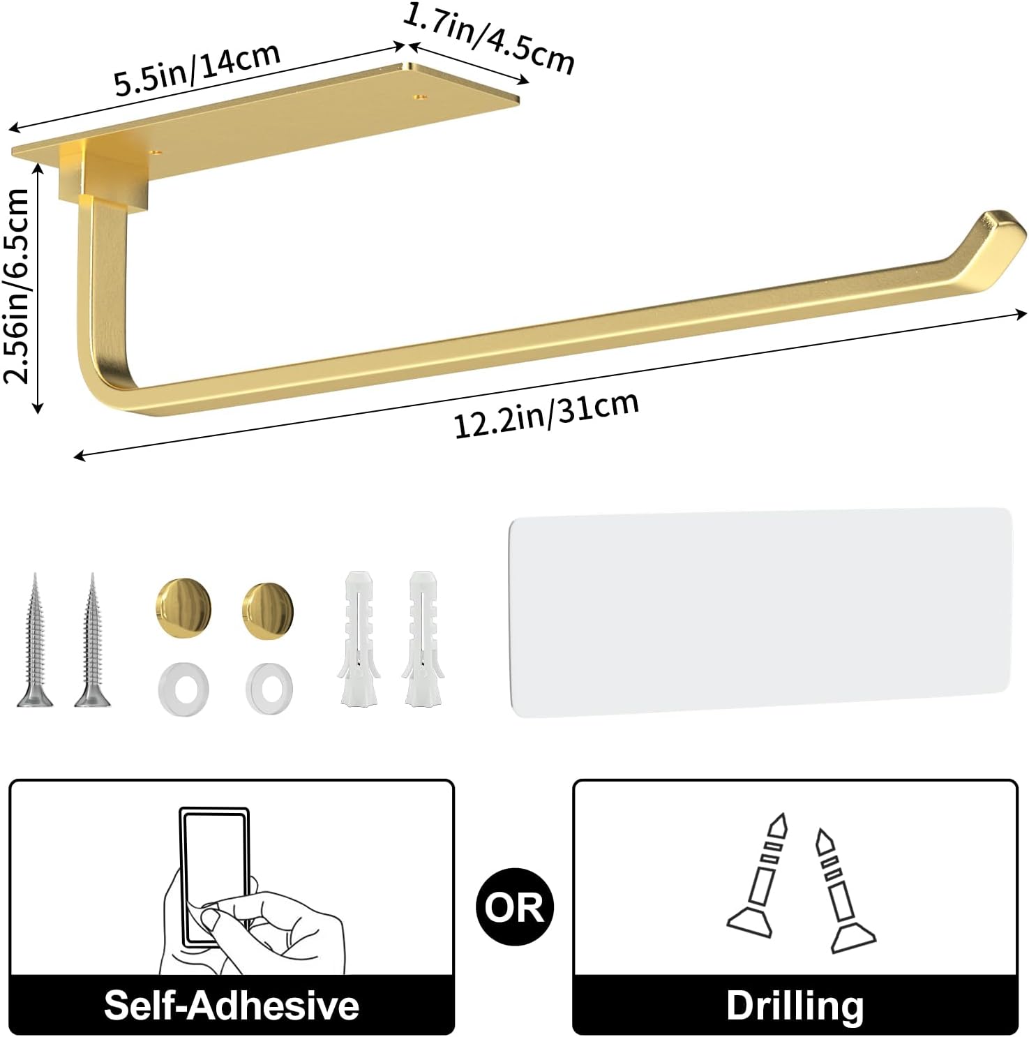 Moonval Paper Towel Holder, Under Cabinet Aluminum Kitchen Roll Holder with Self-Adhesive or Drill Mount, Gold