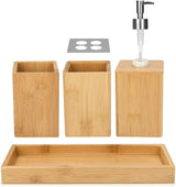 Moonval Bamboo Bathroom Accessories Set, 4-Piece Bathroom Organizer with Soap Dispenser