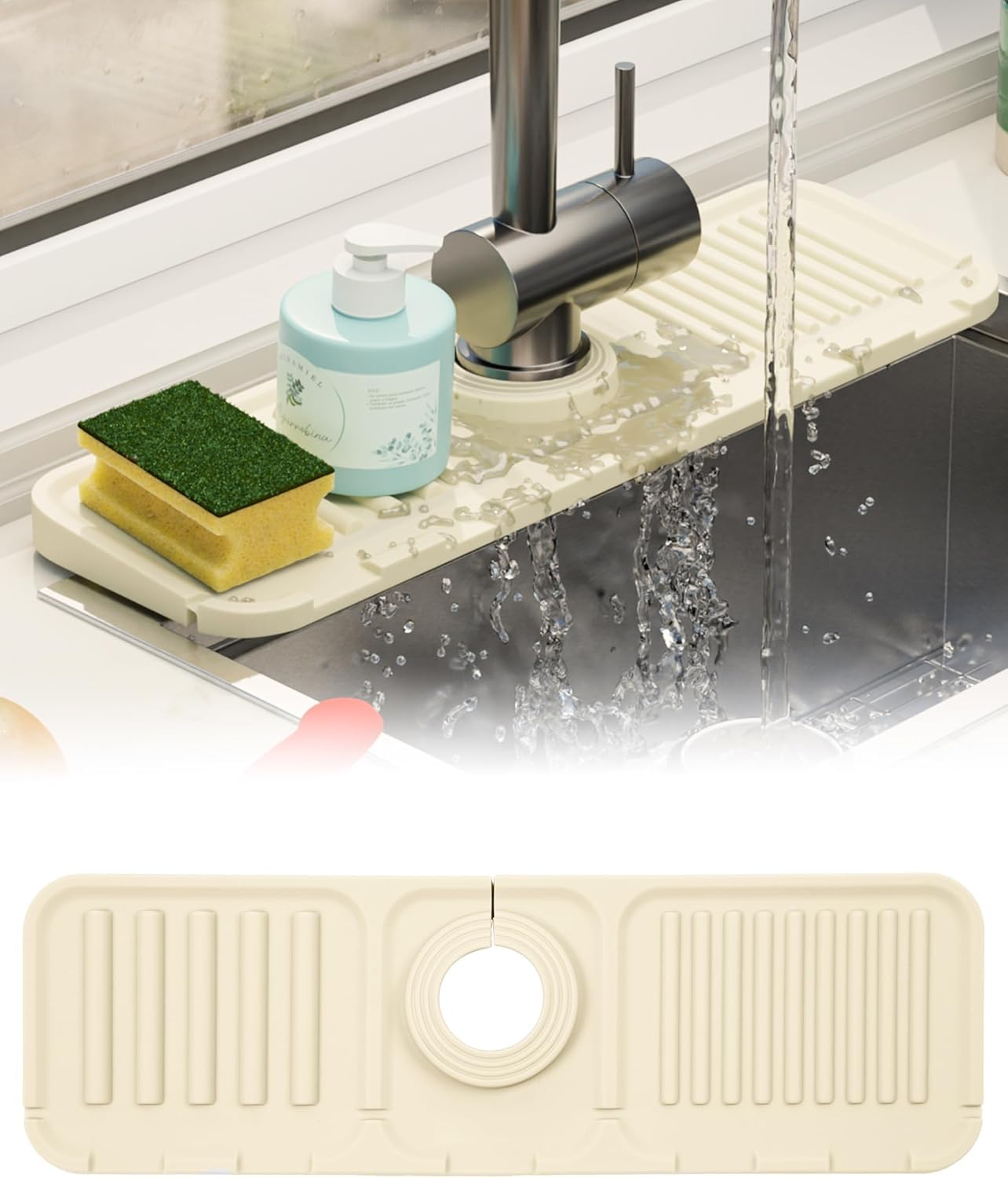 Moonval Silicone Faucet Mat, Self-Draining Sink Splash Guard and Countertop Organizer