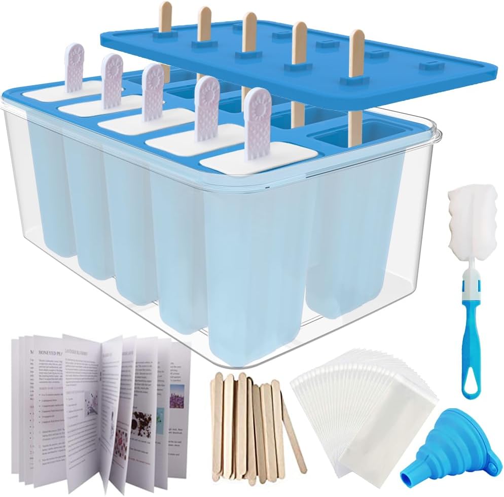 Moonval Silicone Popsicle Molds, 10-Cavity Ice Pop Maker Set with Sticks, Bags & Accessories