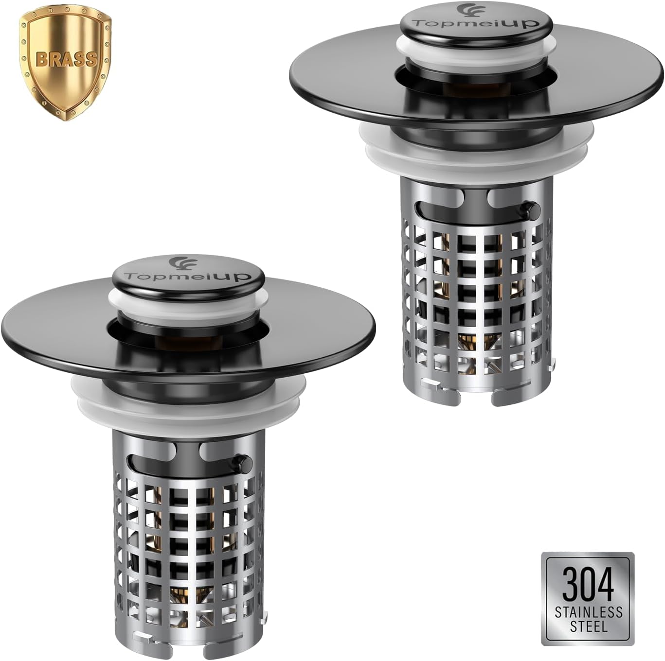 Moonval Bathroom Sink Drain Strainer, 2-Pack Pop-Up Sink Stopper with Removable Stainless Steel Hair Catcher