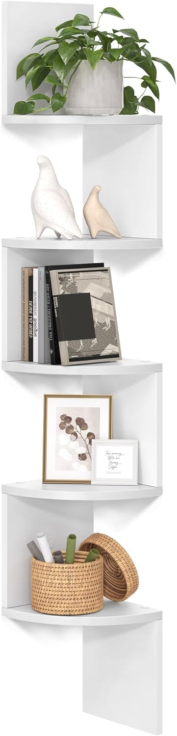 Moonval Corner Wall Shelf, 5-Tier Floating Corner Bookshelf for Home Storage & Display, Rustic Brown
