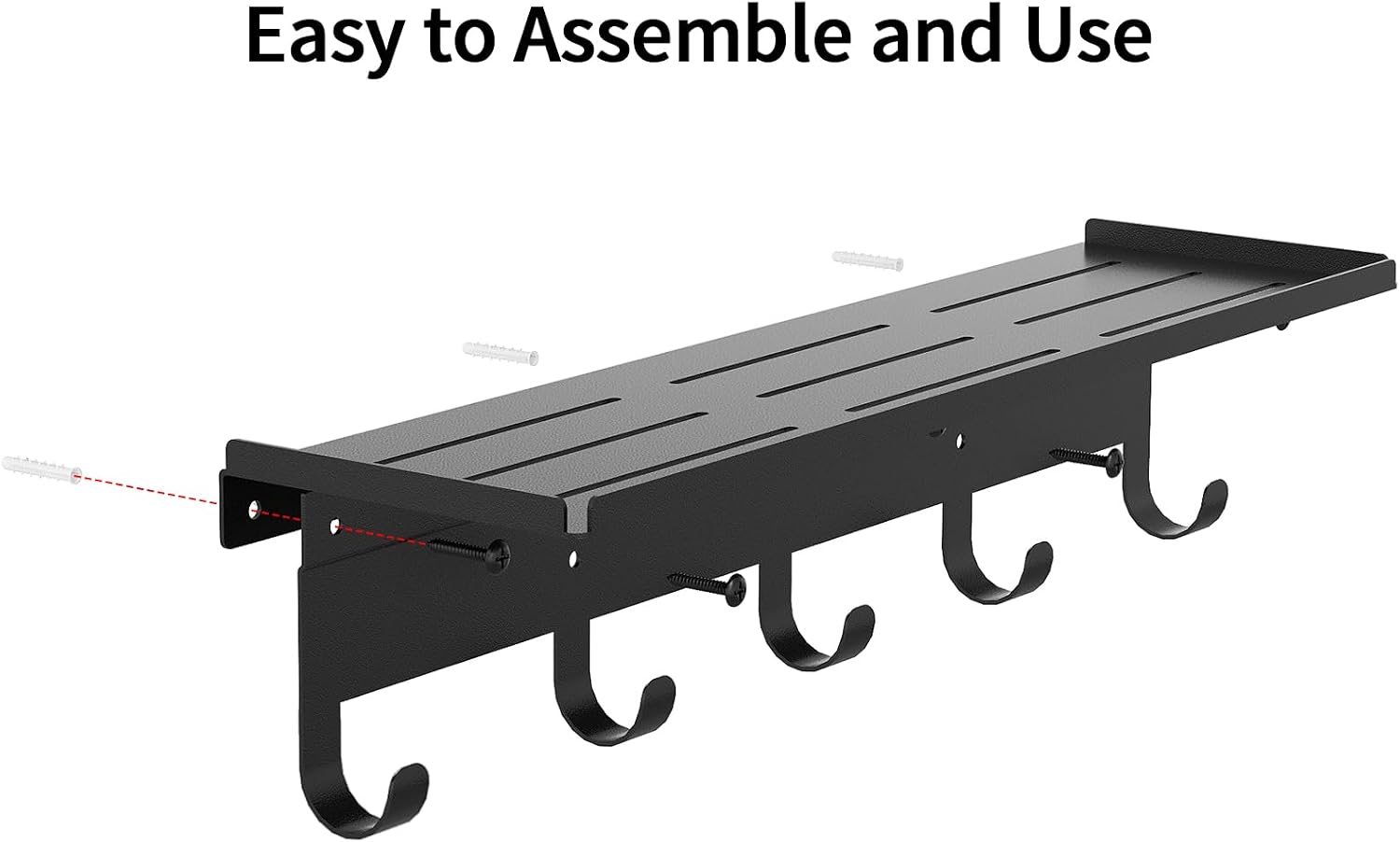 Moonval Wall Shelf with Hooks, 17-Inch Floating Shelf with 5 Metal Hooks for Entryway & Bedroom