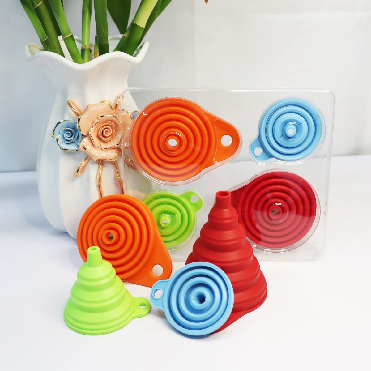 Moonval Collapsible Funnel Set, 4-Piece Food-Grade Silicone Funnels for Kitchen & Bottle Filling
