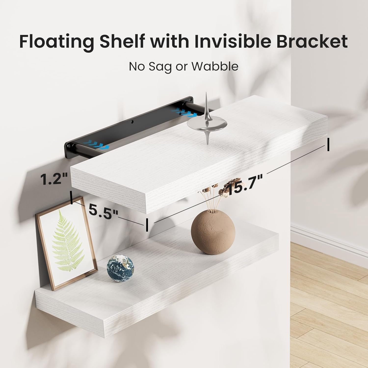 Moonval Floating Wall Shelves, Set of 3 White Storage & Display Shelves with Invisible Brackets