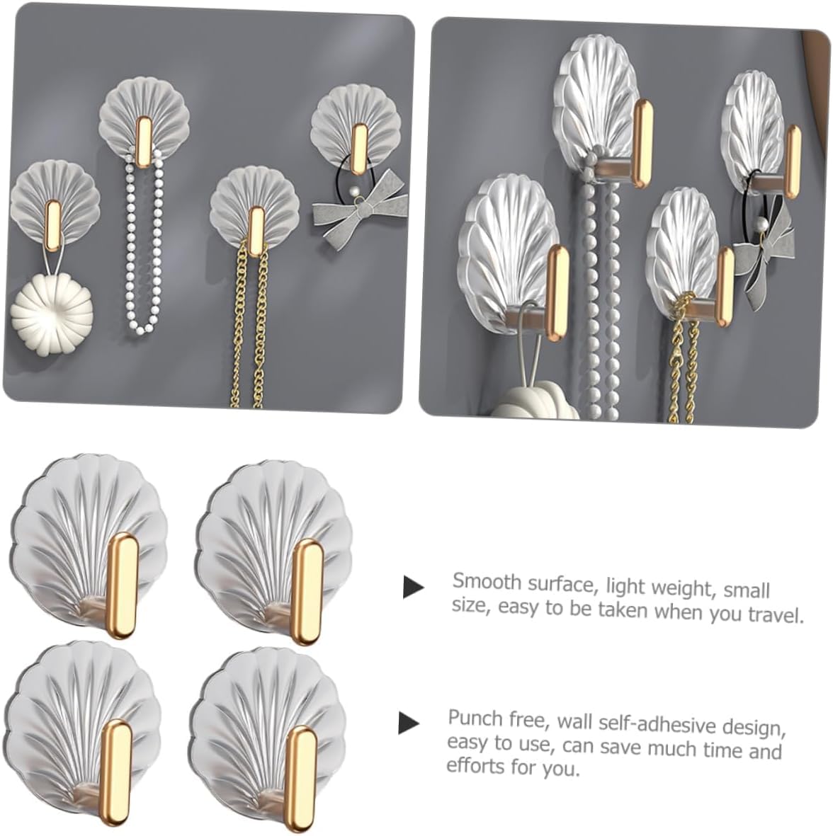 Moonval Adhesive Wall Hooks, Gold & Silver Seashell Hangers, No-Drill 4-Piece Set