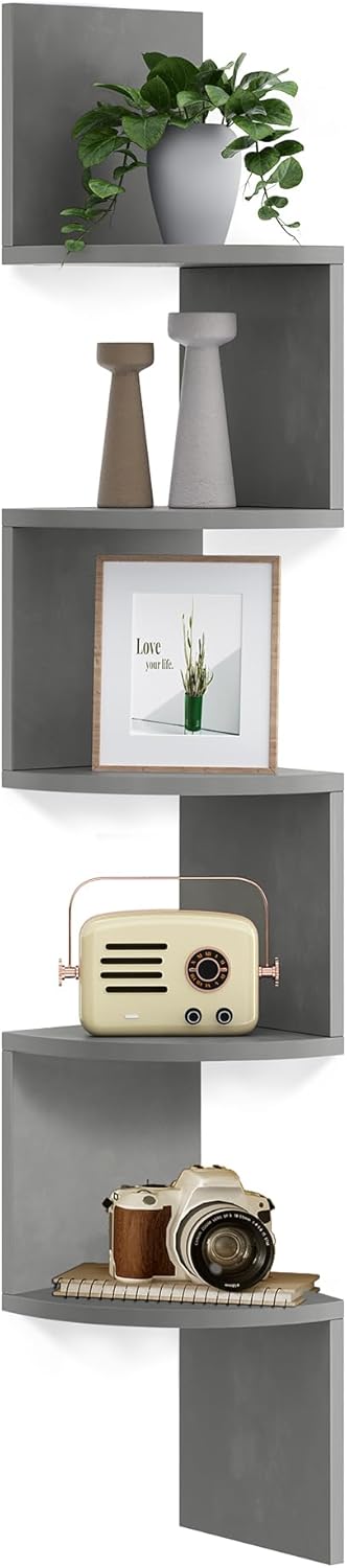 Moonval Corner Wall Shelf, 5-Tier Floating Corner Bookshelf for Home Storage & Display, Rustic Brown