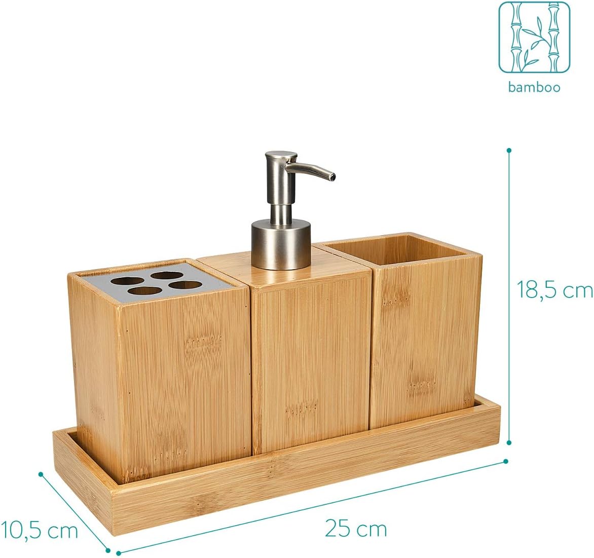 Moonval Bamboo Bathroom Accessories Set, 4-Piece Bathroom Organizer with Soap Dispenser