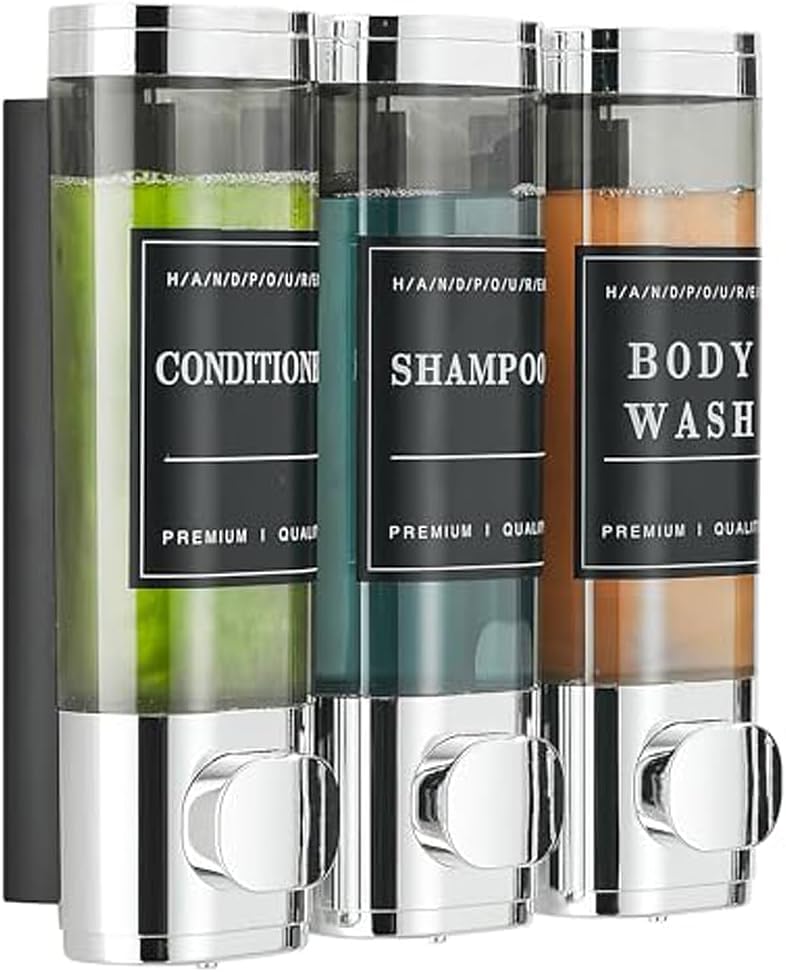 Moonval 3-Chamber Shower Dispenser, No-Drill Wall-Mounted Shampoo & Soap Organizer