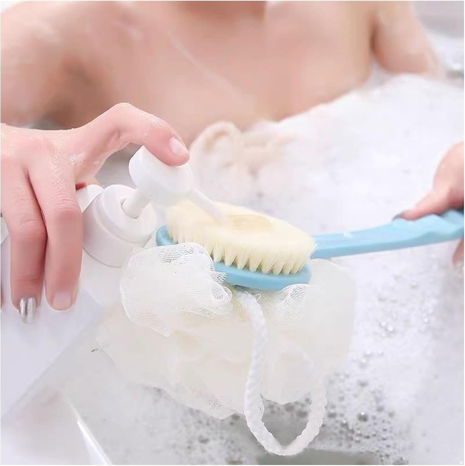 Moonval 2-in-1 Loofah Brush, Long Handle Bath Brush & Exfoliating Shower Scrubber