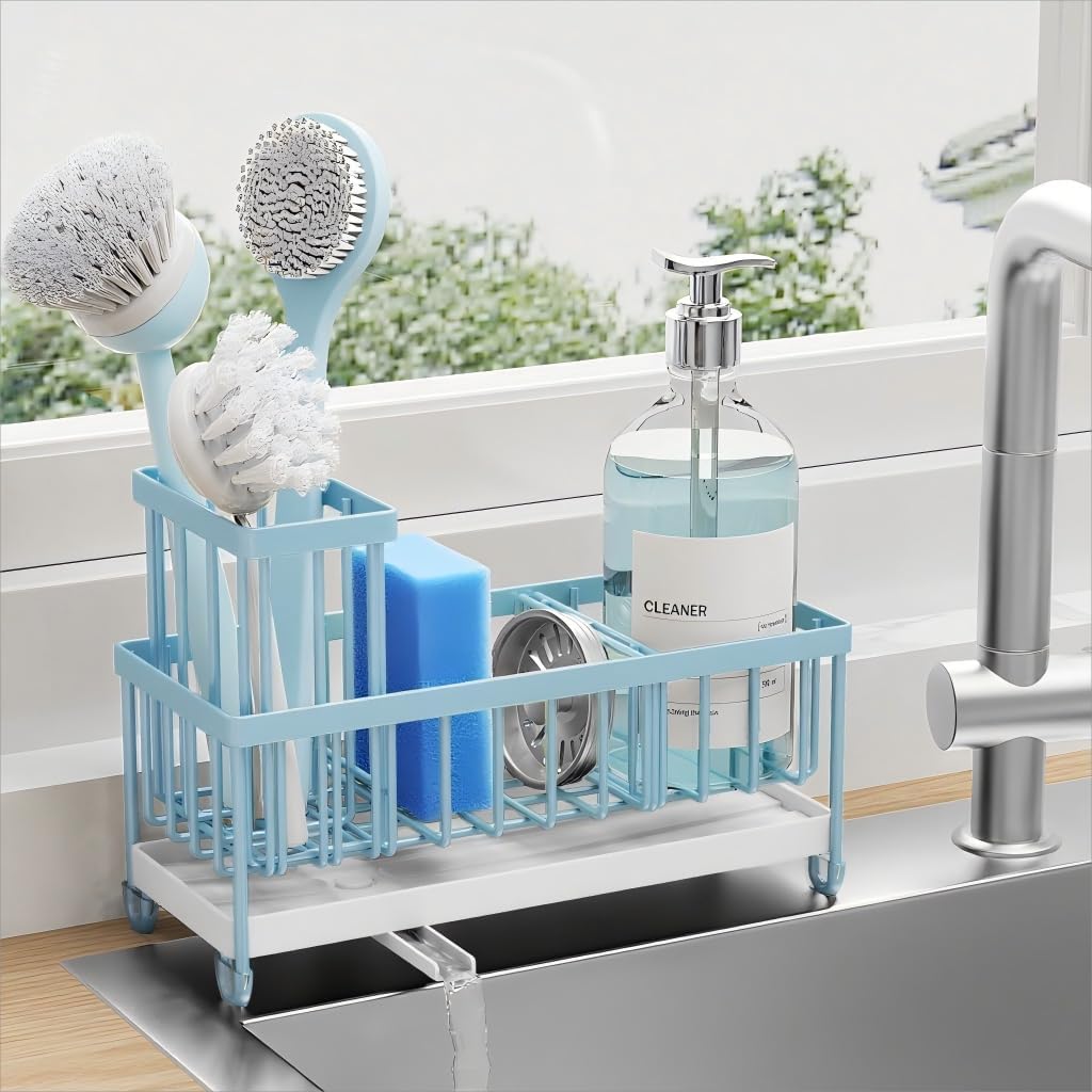 Moonval Kitchen Sink Caddy, 304 Stainless Steel Sponge Holder with Removable Brush Rack