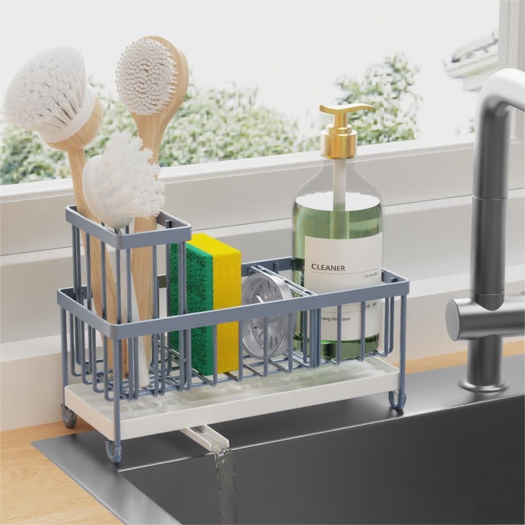 Moonval Kitchen Sink Caddy, 304 Stainless Steel Sponge Holder with Removable Brush Rack