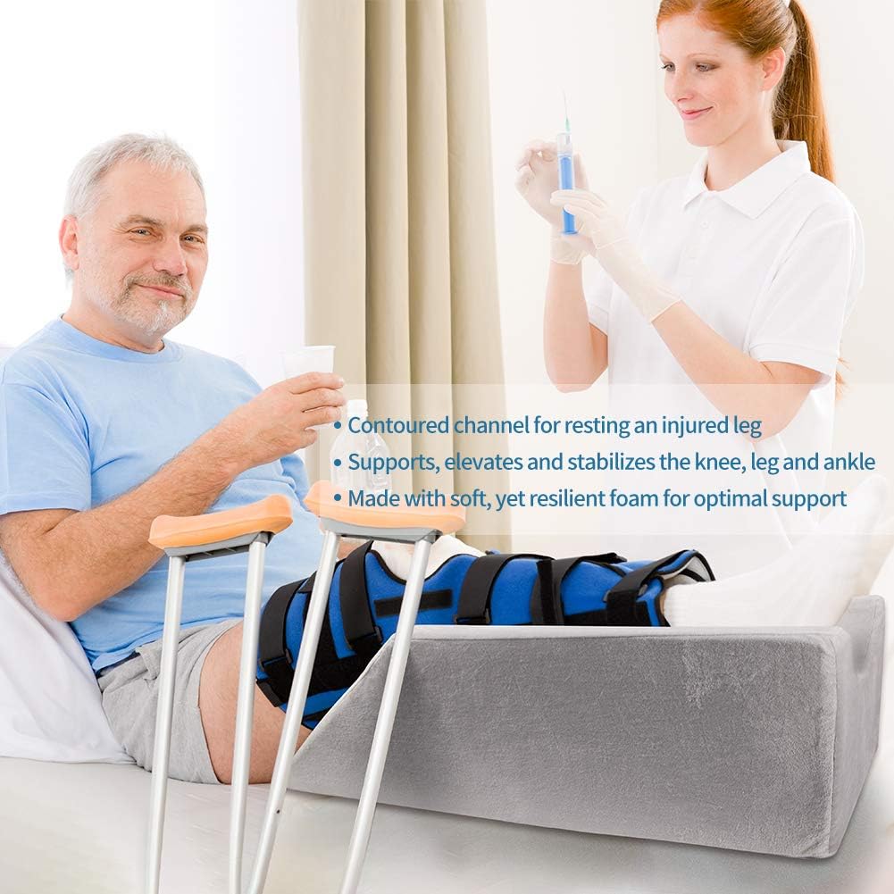 Moonval Leg Elevation Pillow, Memory Foam Leg Support Pillow with Dual Handles, White/Grey