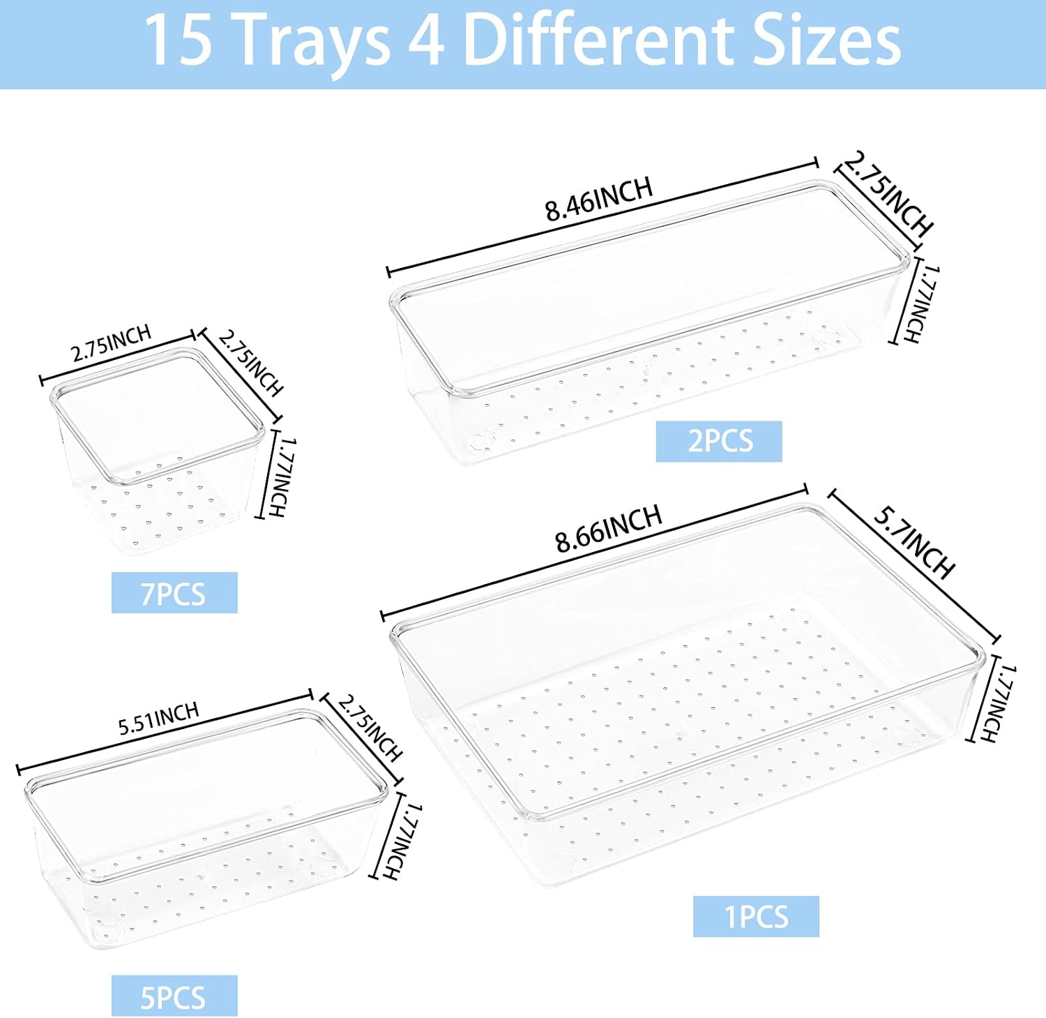 Moonval Clear Drawer Organizer Set, Plastic Storage Trays for Kitchen, Bathroom & Office