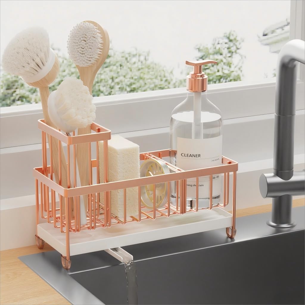 Moonval Kitchen Sink Caddy, 304 Stainless Steel Sponge Holder with Removable Brush Rack