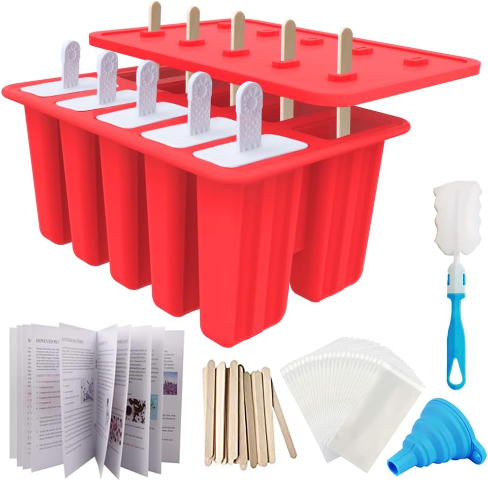 Moonval Silicone Popsicle Molds, 10-Cavity Ice Pop Maker Set with Sticks, Bags & Accessories