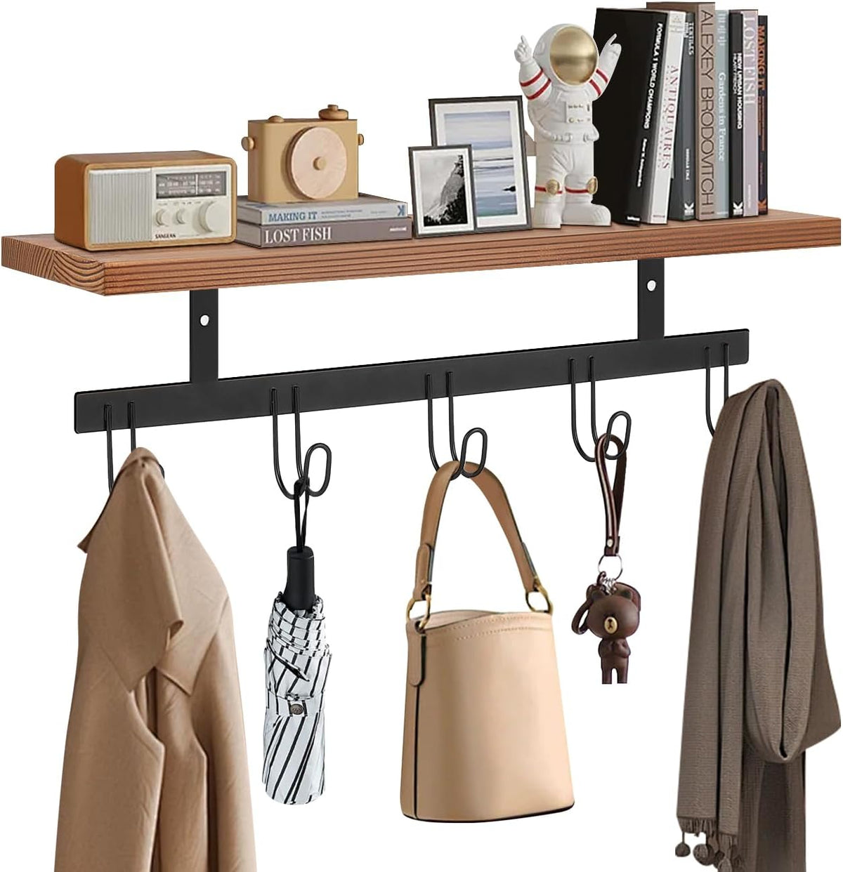 Moonval Wall Mounted Coat Rack, Wooden Entryway Shelf with 5 Heavy-Duty Metal Hooks for Storage
