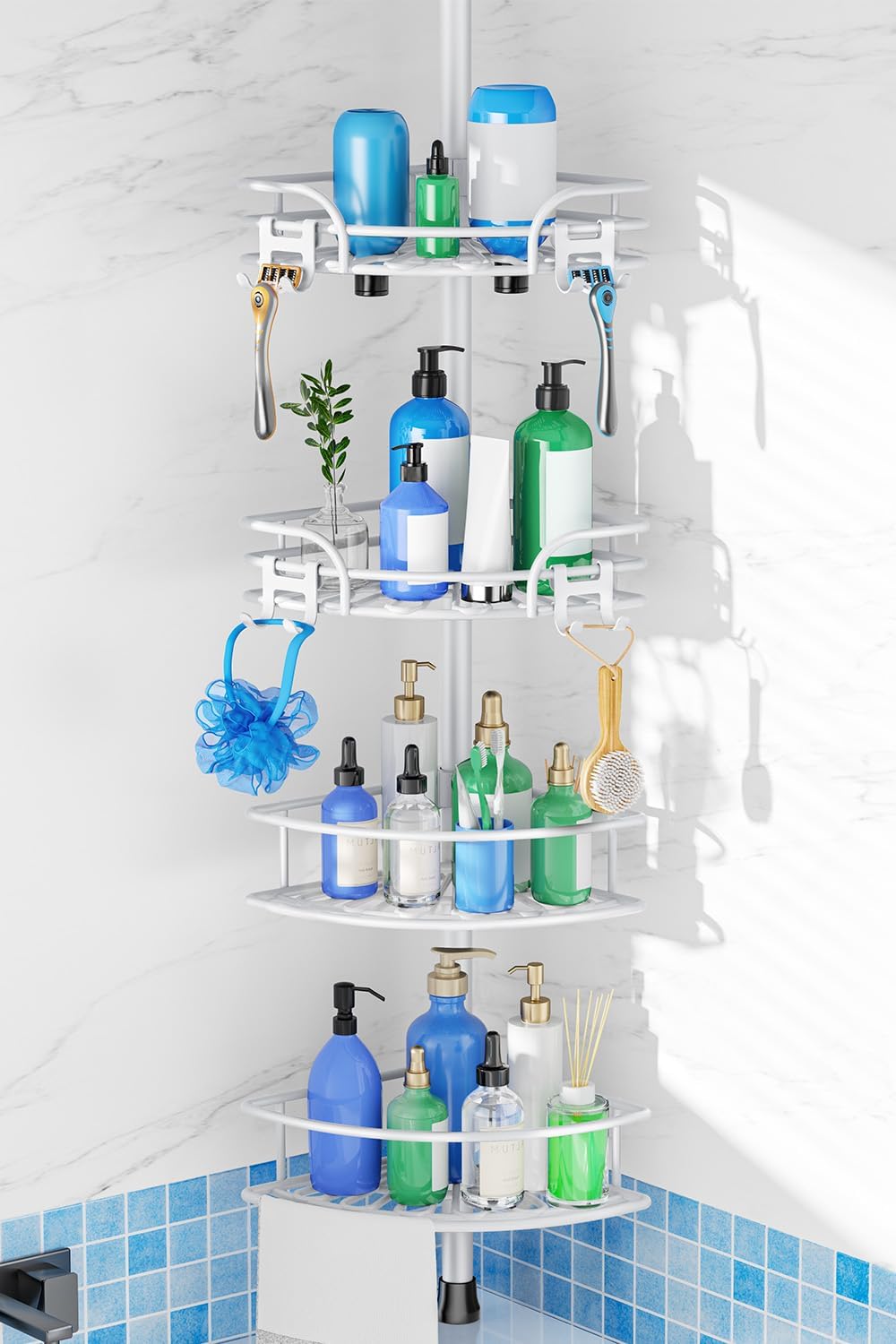 Moonval Corner Shower Caddy, 4-Tier Adjustable Rustproof Tension Pole Organizer with Towel Bar