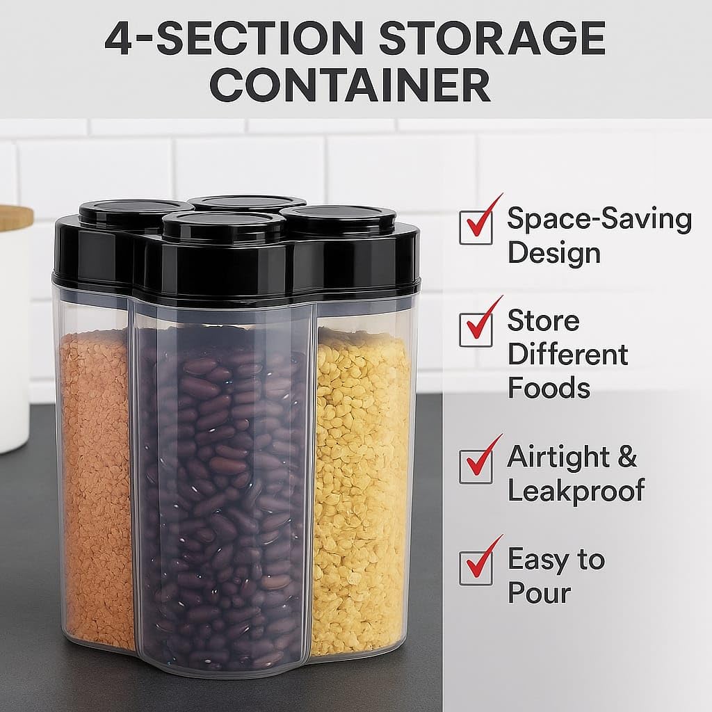 Moonval Storage Container, 4-Section 2500ml Clear Food Organizer with Lid for Snacks & Spices