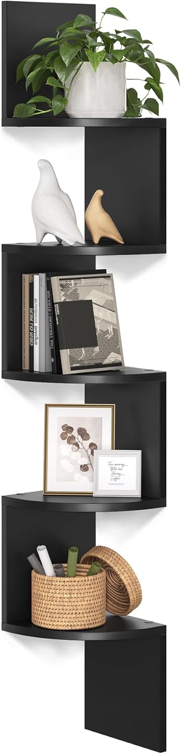 Moonval Corner Wall Shelf, 5-Tier Floating Corner Bookshelf for Home Storage & Display, Rustic Brown