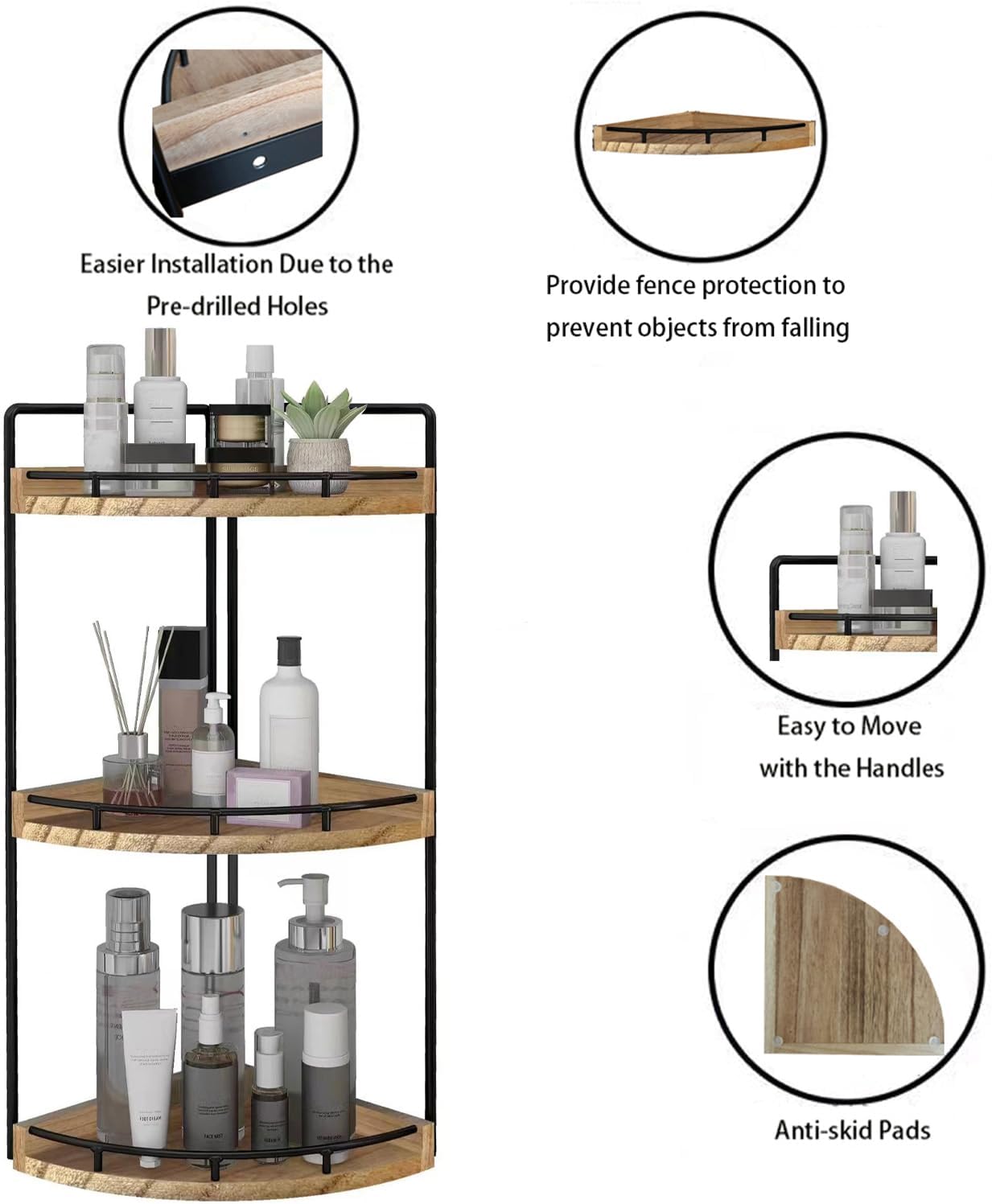 Moonval Corner Countertop Organizer, 3-Tier Wooden Shelf for Bathroom, Kitchen, Vanity & Dresser
