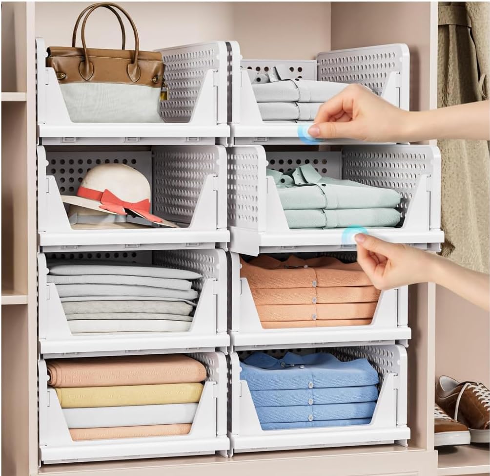 Moonval Stackable Closet Storage Baskets, 4-Pack Foldable Divided Organizers for Clothes & Hats