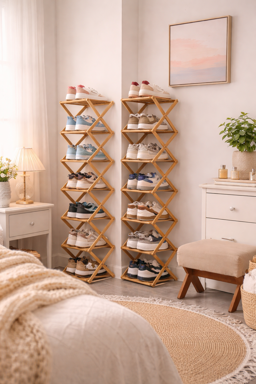 Moonval 8-Tier Foldable Bamboo Shoe Rack, Space-Saving Wooden Shoe Organizer Shelf